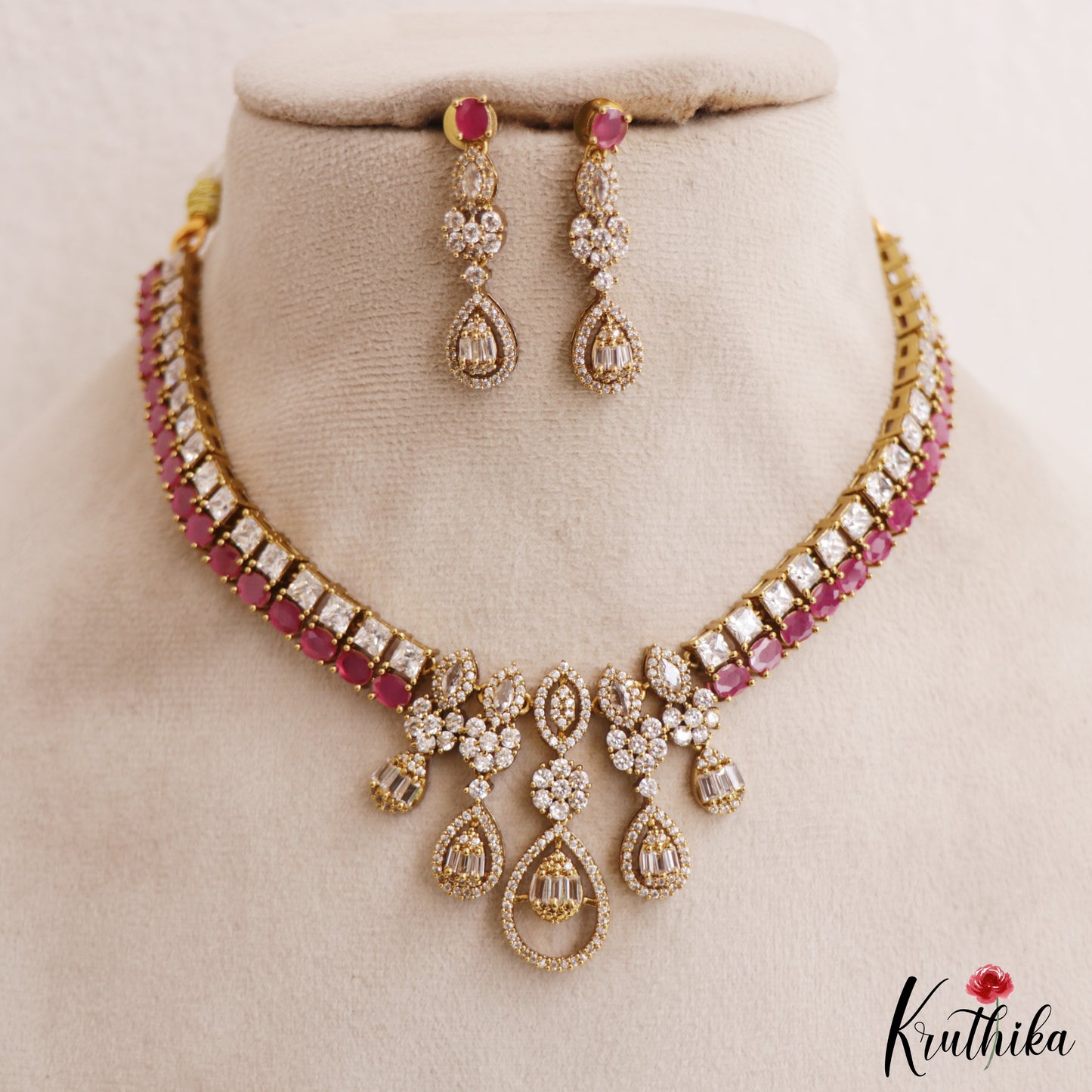 Beautiful Floral Teardrop Motifs AD Victorian Choker NC2963 (Available In 2 Colors)