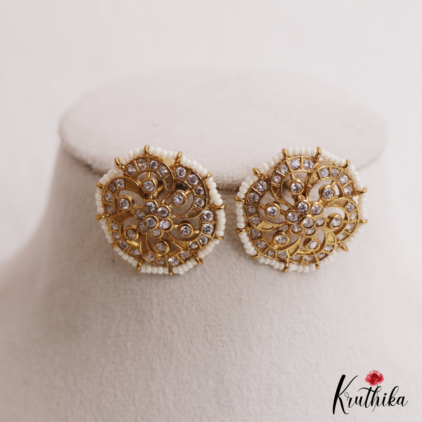Elegant Pearl Border Floral Stud Earrings E1088 (Available In 3 Colors)