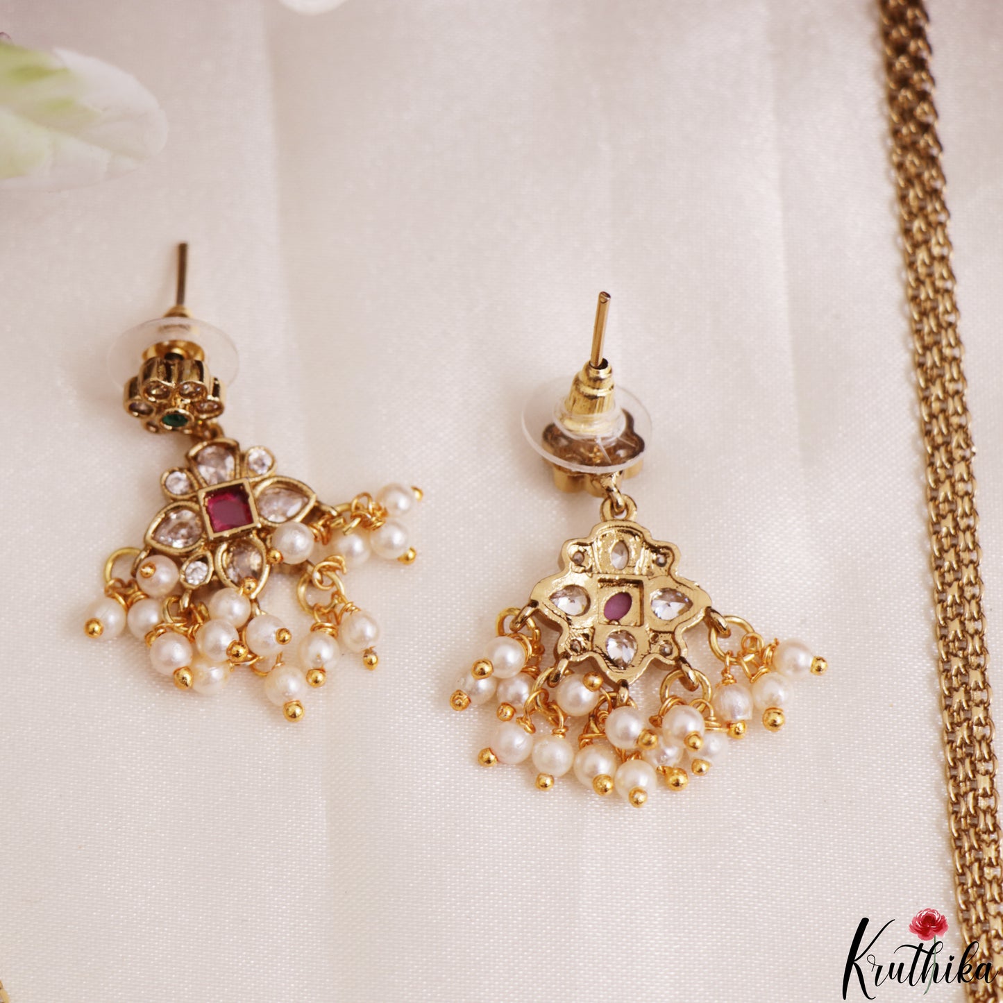 Beautiful CZ Floral Motifs Kemp Choker With Pearl Drops NC3183 (Available In 2 Colors)