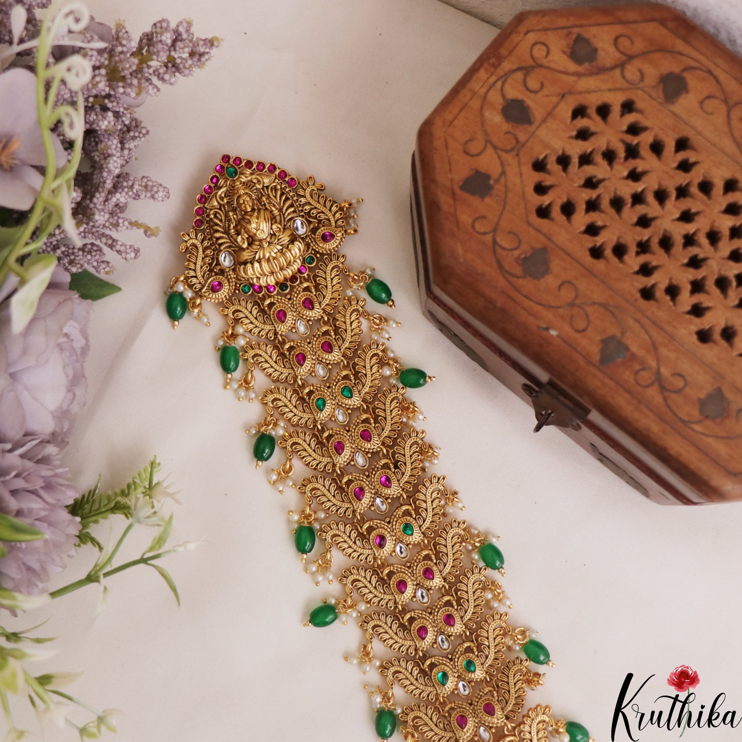 Premium Antique Nagas Lakshmi Peacock Motifs Jada Billa With Bead Drops J392 (Available In 2 Colors)