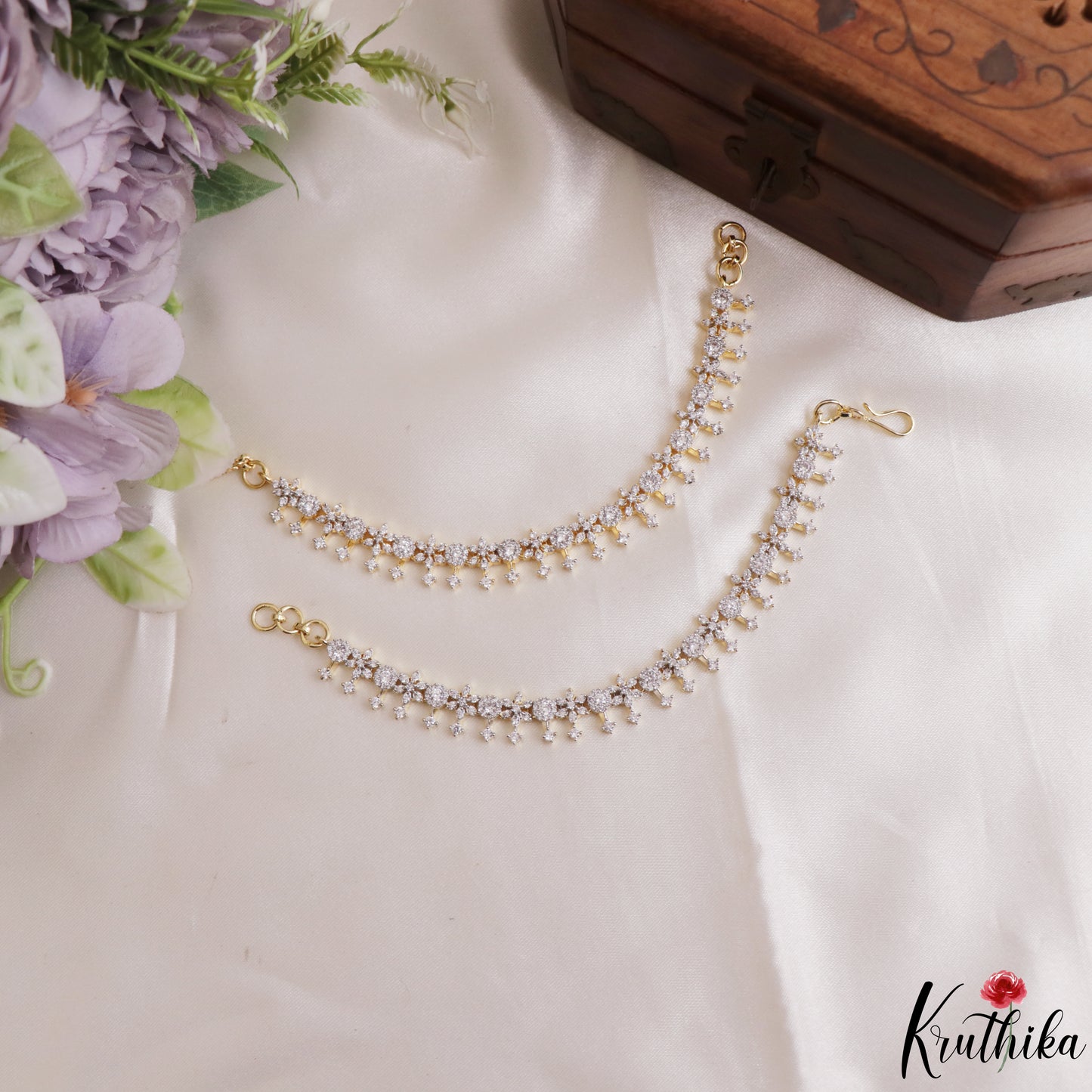 Elegant Floral Motifs Gold-Tone CZ Earchains EC233