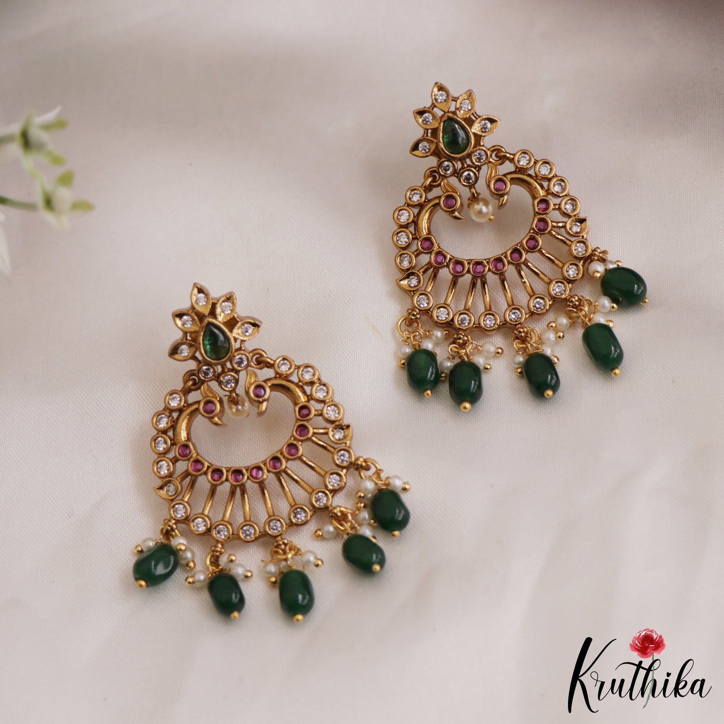 Stunning Peacock Floral Motifs  chandbali Earrings With Pearl And Bead Drops E886 (Available In 2 Colors)
