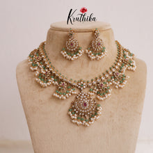 Elegant Victorian AD Stones Guttaposalu Necklace with Pastel Green Beads Drops NC1948