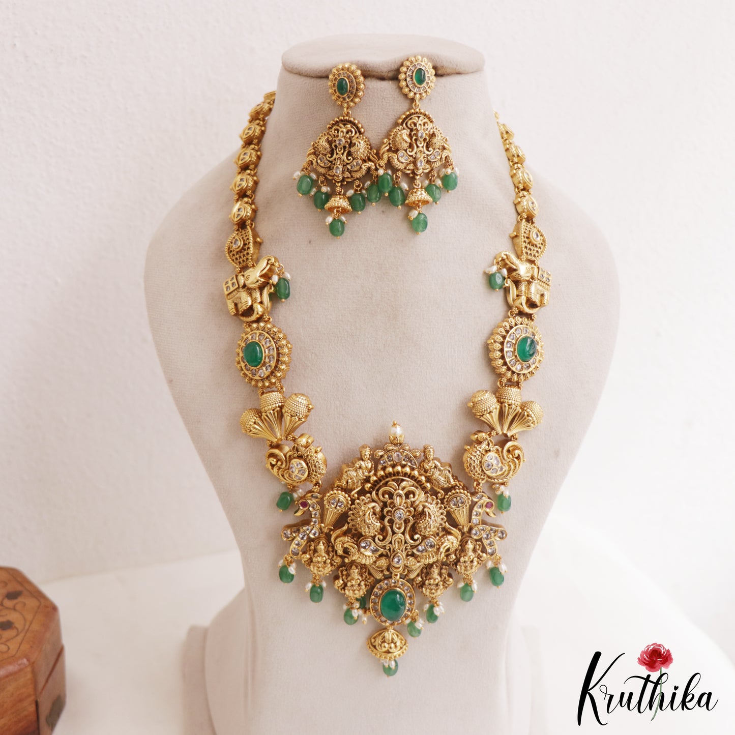 Gorgeous Antique Nagas Lakshmi Peacock Motifs Haaram With Green Bead Drops LH2066
