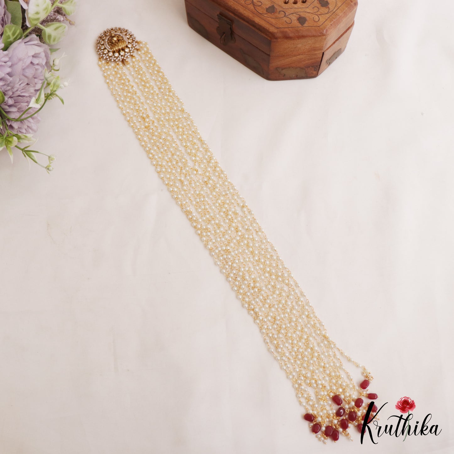 Stunning Antique Lakshmi Motifs Multi Pearl Strand Jada Billa With Green Bead Drops J315 (Available In 2 Colors)