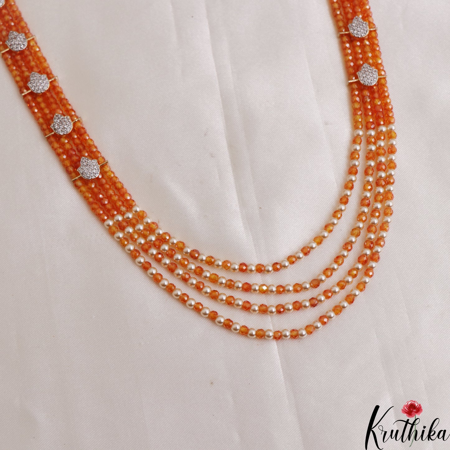 Elegant Multi Layered Crystal & Pearl Haaram With Floral Accents LH2130