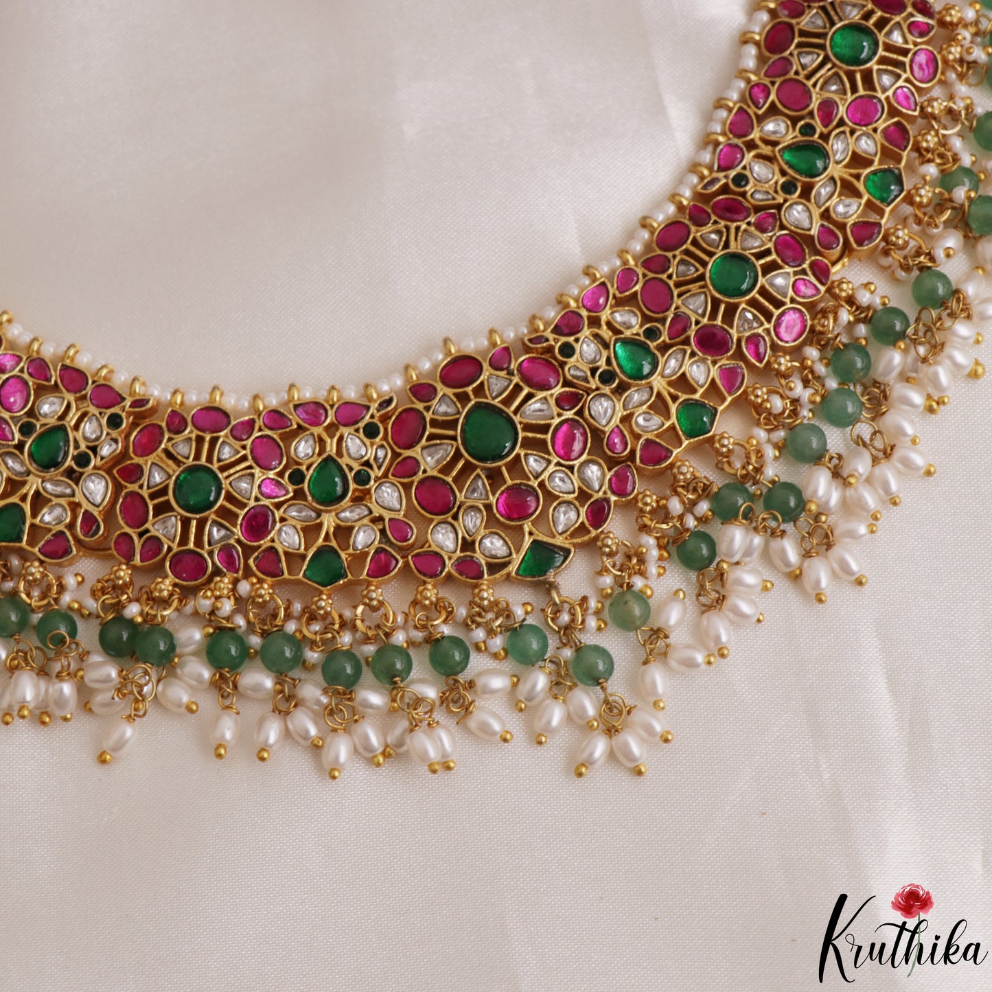 Gorgeous Geometric Motifs Jadau Choker With Pearl Bead Drops NC3110