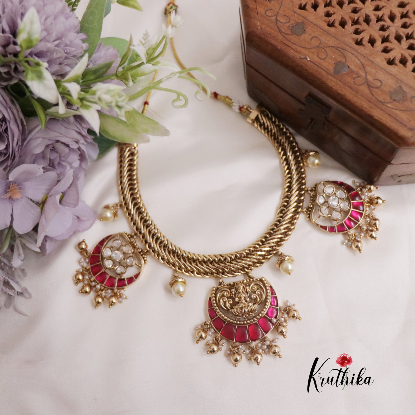 Beautiful Lakshmi Jadau Jalebi style Necklace with Chandbali Pendant Drops NC2256 (Available in 2 Colors)