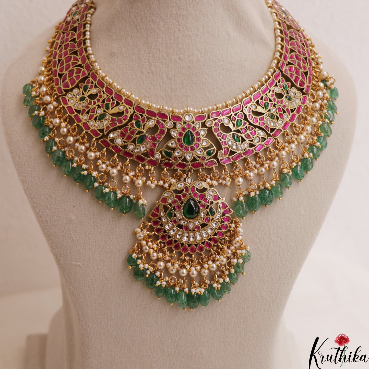 Premium Floral Peacock Motifs Jadau Necklace With Green Bead Drops NC3004
