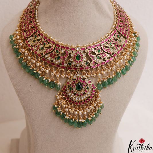 Premium Floral Peacock Motifs Jadau Necklace With Green Bead Drops NC3004