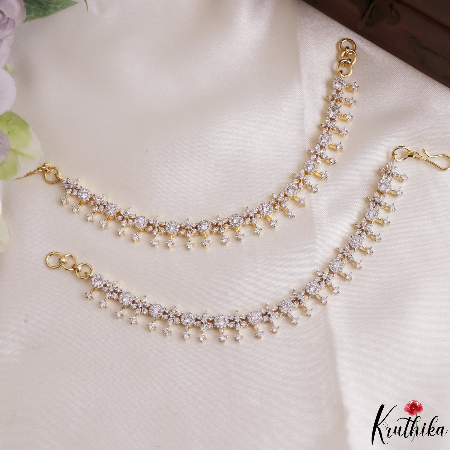 Elegant Floral Motifs Gold-Tone CZ Earchains EC233