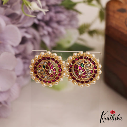 Beautiful Pearl Border Peacock Motifs Jadau Stud Earrings E951