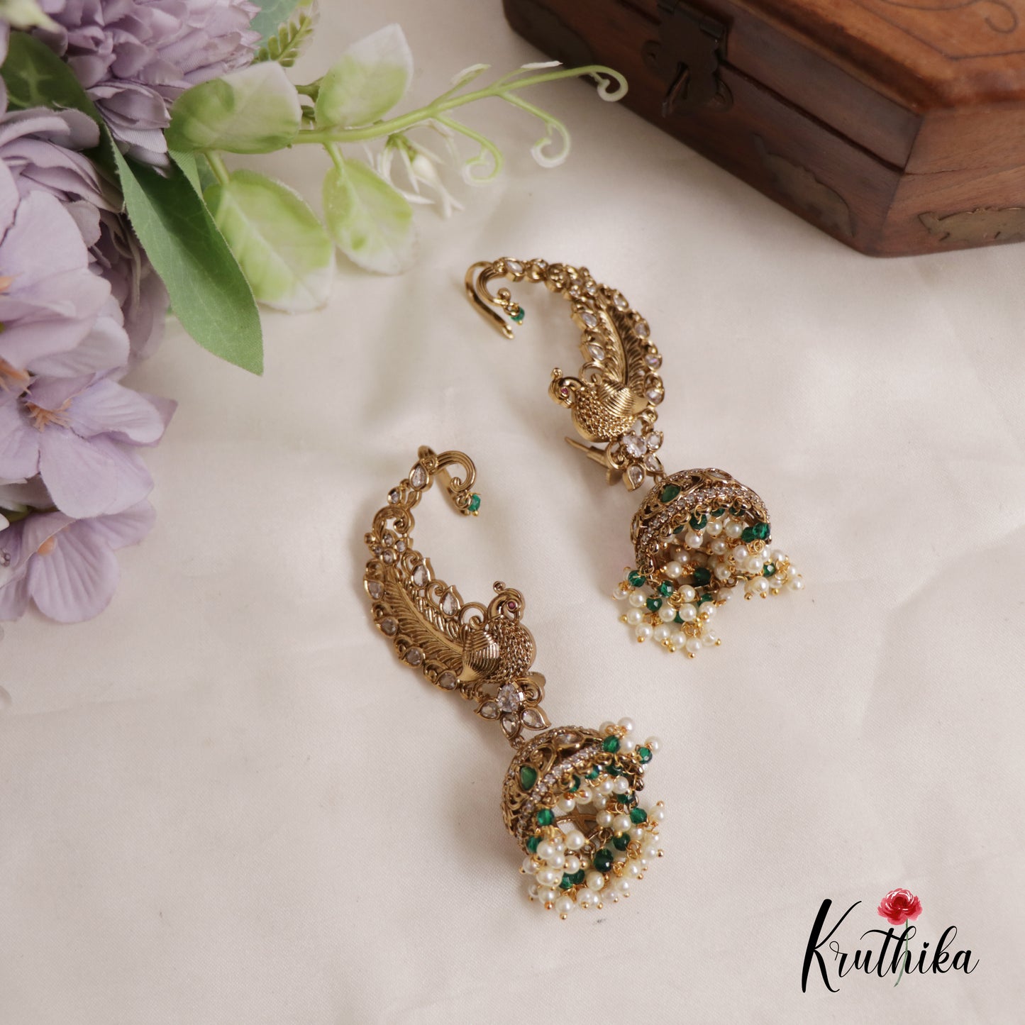 Premium AD Peacock Pearl Earcuff with Jhumkas E795 (Available In 2 Colors)