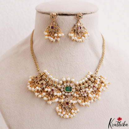 Beautiful CZ Floral Motifs Kemp Choker With Pearl Drops NC3183 (Available In 2 Colors)