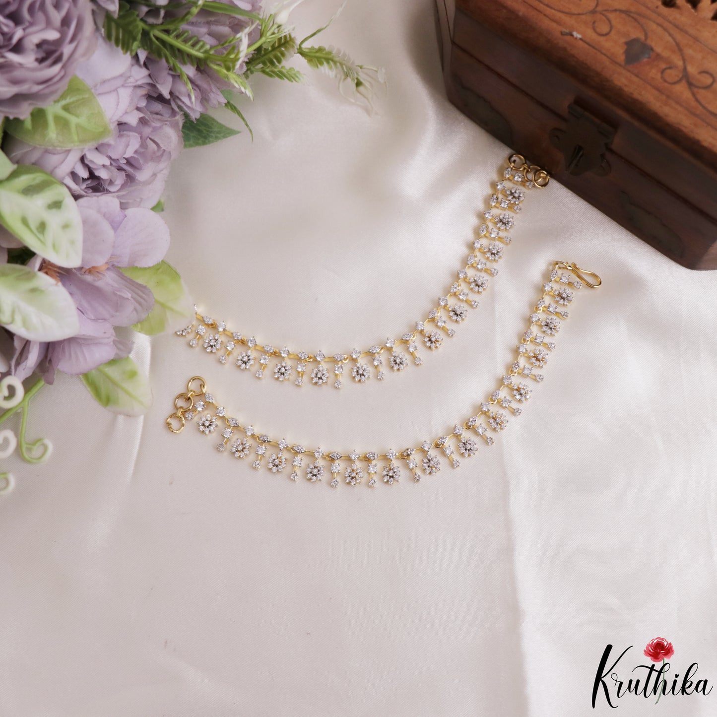 Pretty Floral Motifs Gold-Tone CZ Earchains EC234
