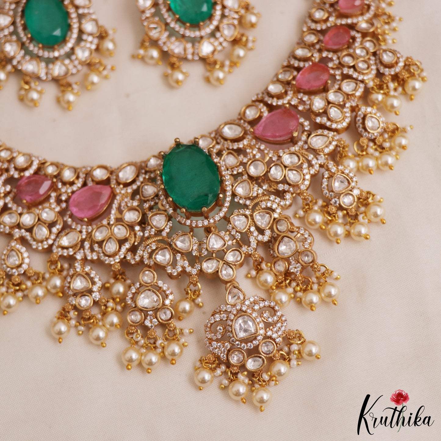Gorgeous Geometric Motifs Victorian Moissanite Choker With Pearl Drops NC2964 (Available In 2 Colors)