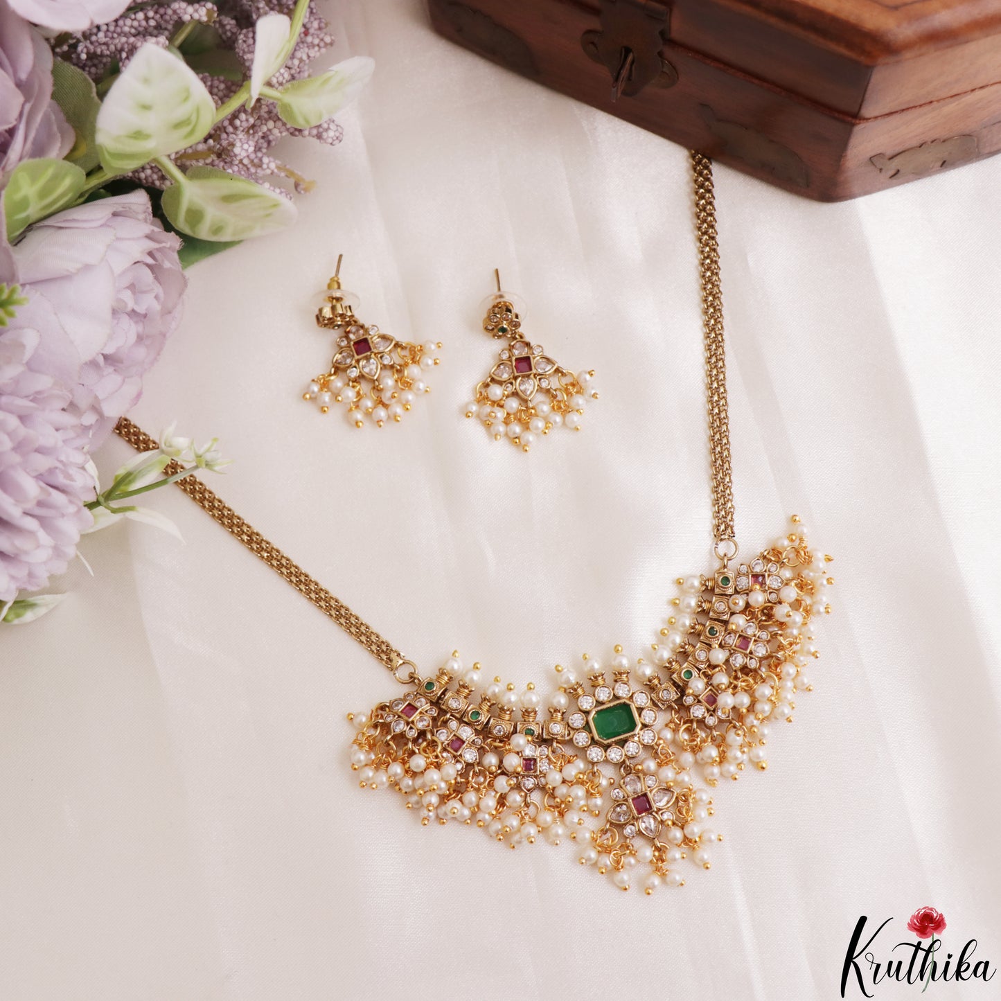 Beautiful CZ Floral Motifs Kemp Choker With Pearl Drops NC3183 (Available In 2 Colors)