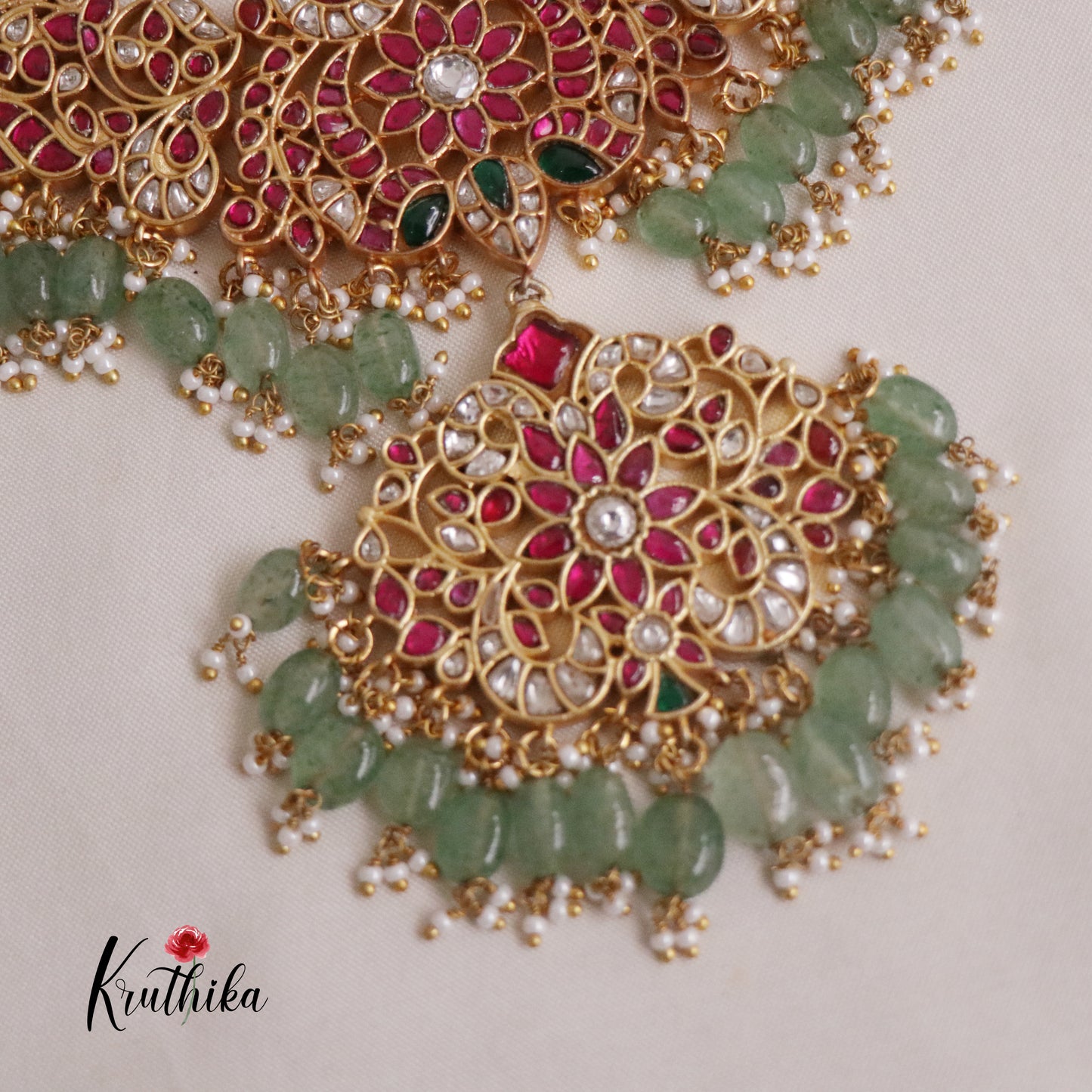 Gorgeous Floral Jadau Necklace with Green Beads Drops NC2199