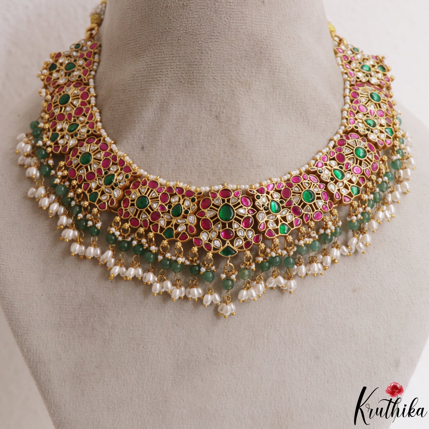 Gorgeous Geometric Motifs Jadau Choker With Pearl Bead Drops NC3110