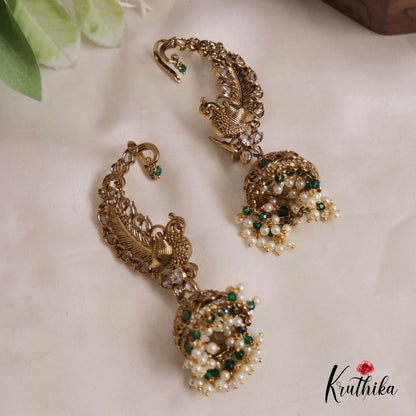 Premium AD Peacock Pearl Earcuff with Jhumkas E795 (Available In 2 Colors)