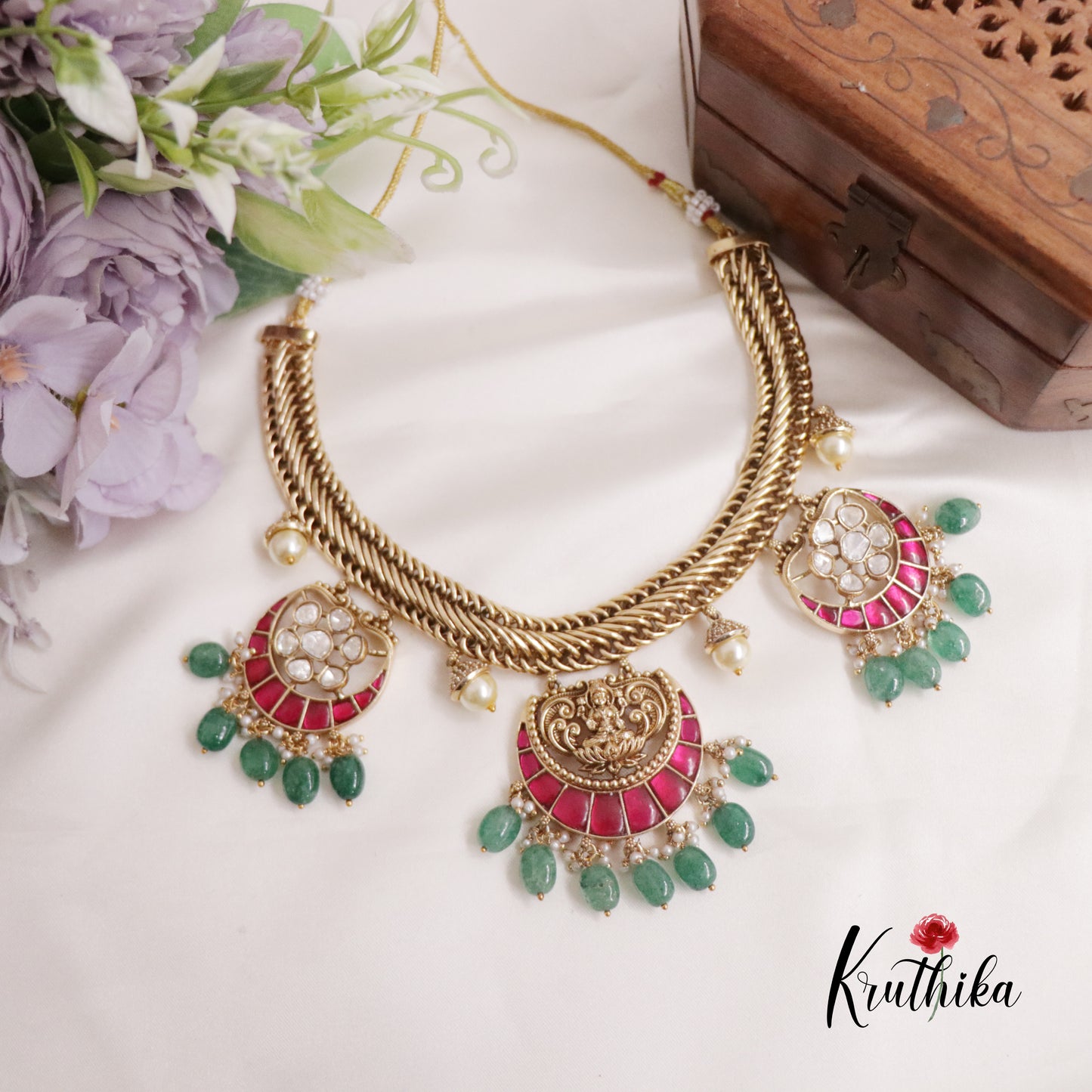 Beautiful Lakshmi Jadau Jalebi style Necklace with Chandbali Pendant Drops NC2256 (Available in 2 Colors)