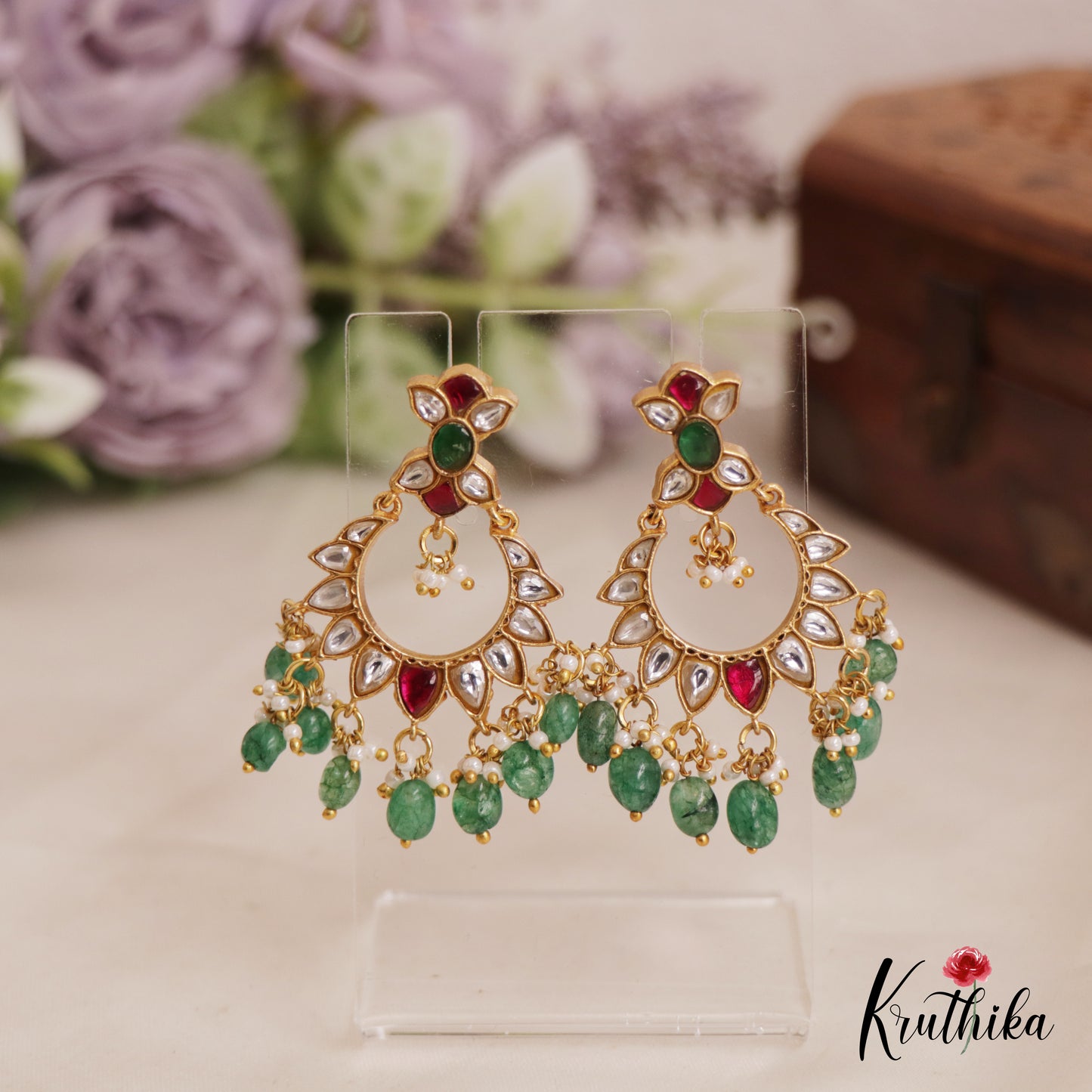 Beautiful Teardrop Chandbali Jadau Earrings With Pearl And Bead Drops E843