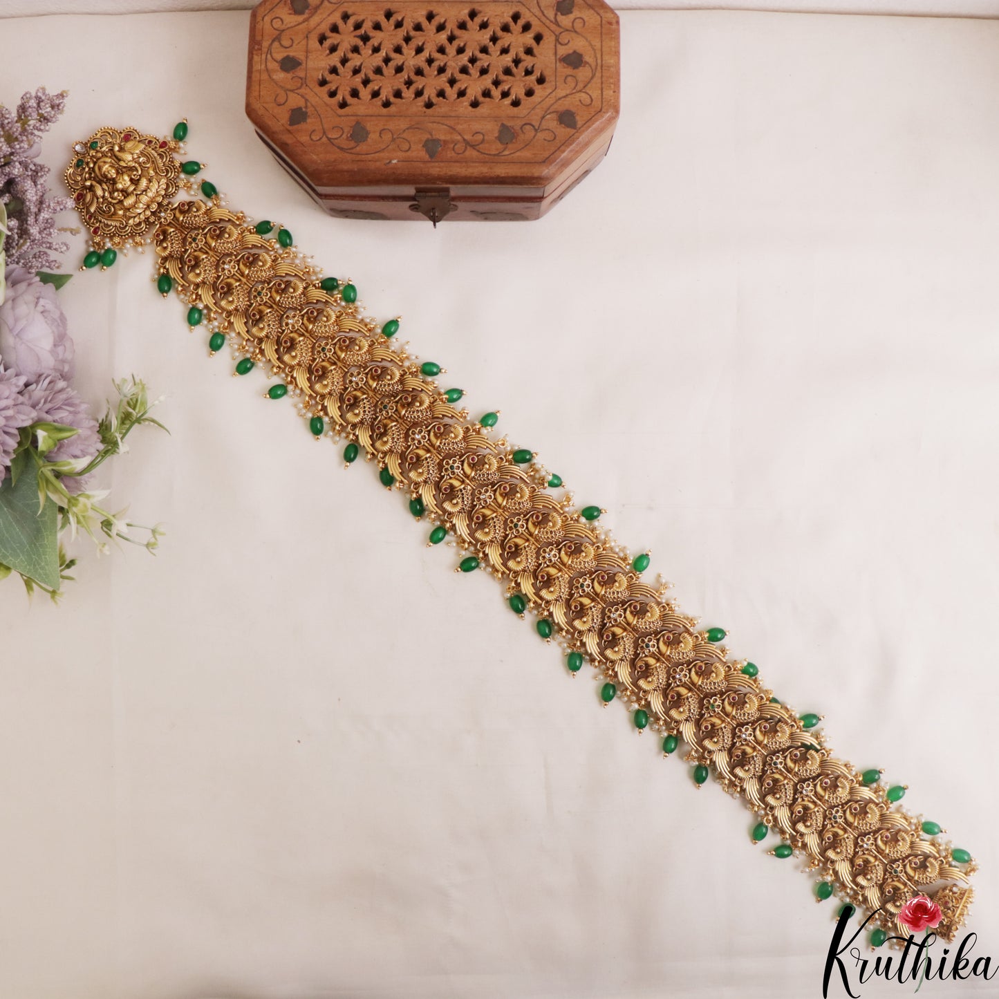 Premium Antique Nagas Lakshmi Peacock Motifs Jada Billa With Bead Drops J392 (Available In 2 Colors)