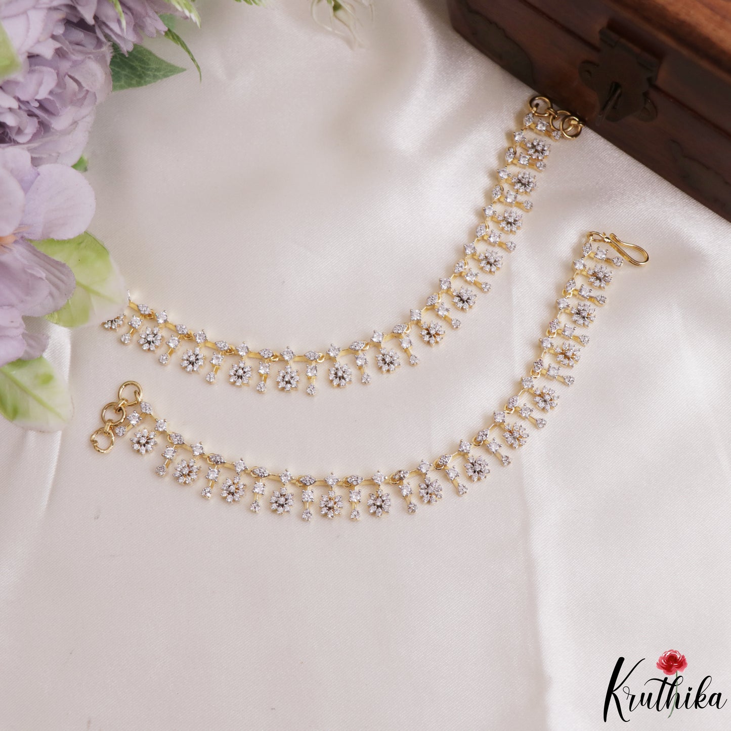 Pretty Floral Motifs Gold-Tone CZ Earchains EC234