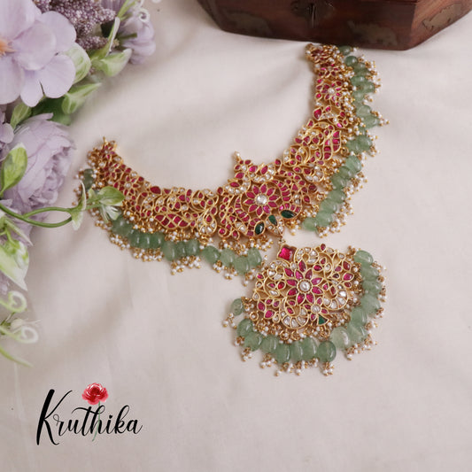 Gorgeous Floral Jadau Necklace with Green Beads Drops NC2199