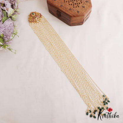 Elegant Lotus Peacock Motifs Multi Pearl Strand Kemp Jada Billa With Green Bead Drops J382 (Available In 2 Colors)