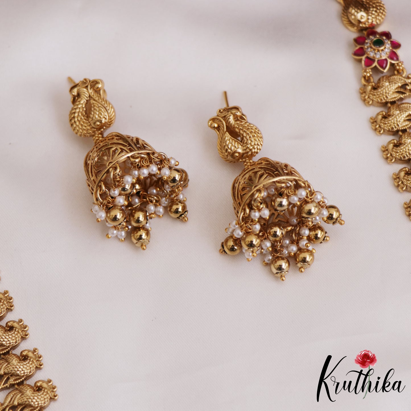 Gorgeous Antique Floral Peacock Motifs Jadau Haaram With Bead Drops LH2048 (Available In 4 Colors)