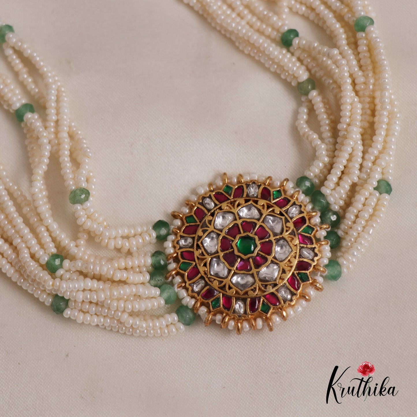 Vintage-Inspired Jadau Kundan Floral Pendant Pearl Necklace NC2553