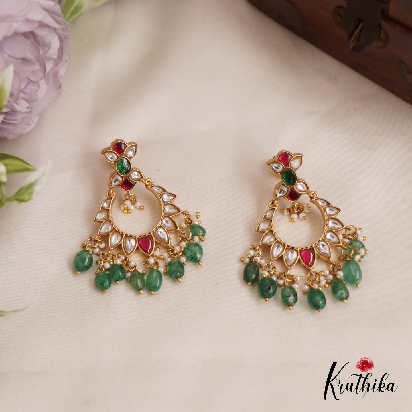 Beautiful Teardrop Chandbali Jadau Earrings With Pearl And Bead Drops E843