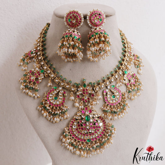 Premium Floral Peacock Motifs Jadau Necklace With Pearl Bead Drops NC3140