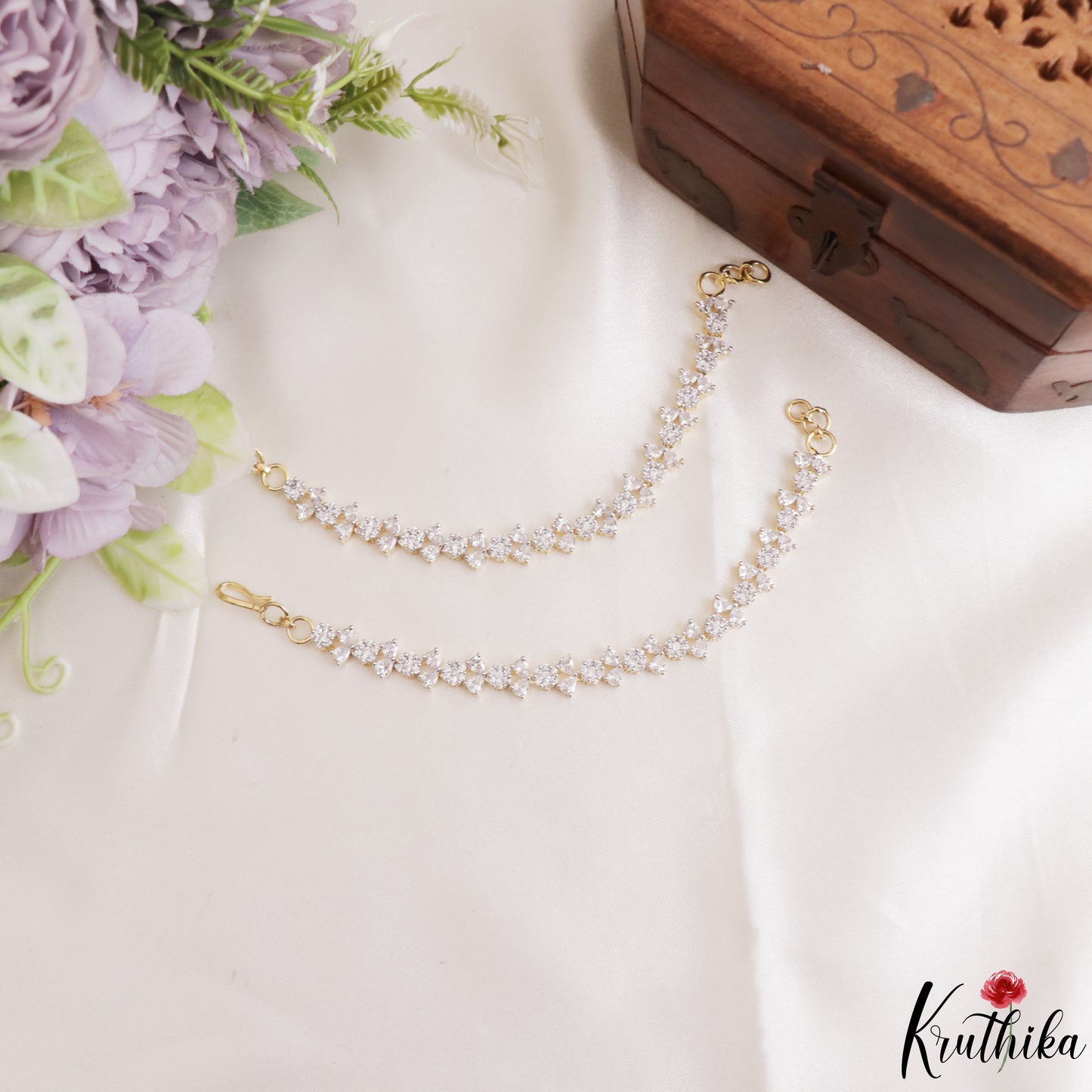 Simple Floral Leaf Motifs Gold-Tone CZ Earchains EC235