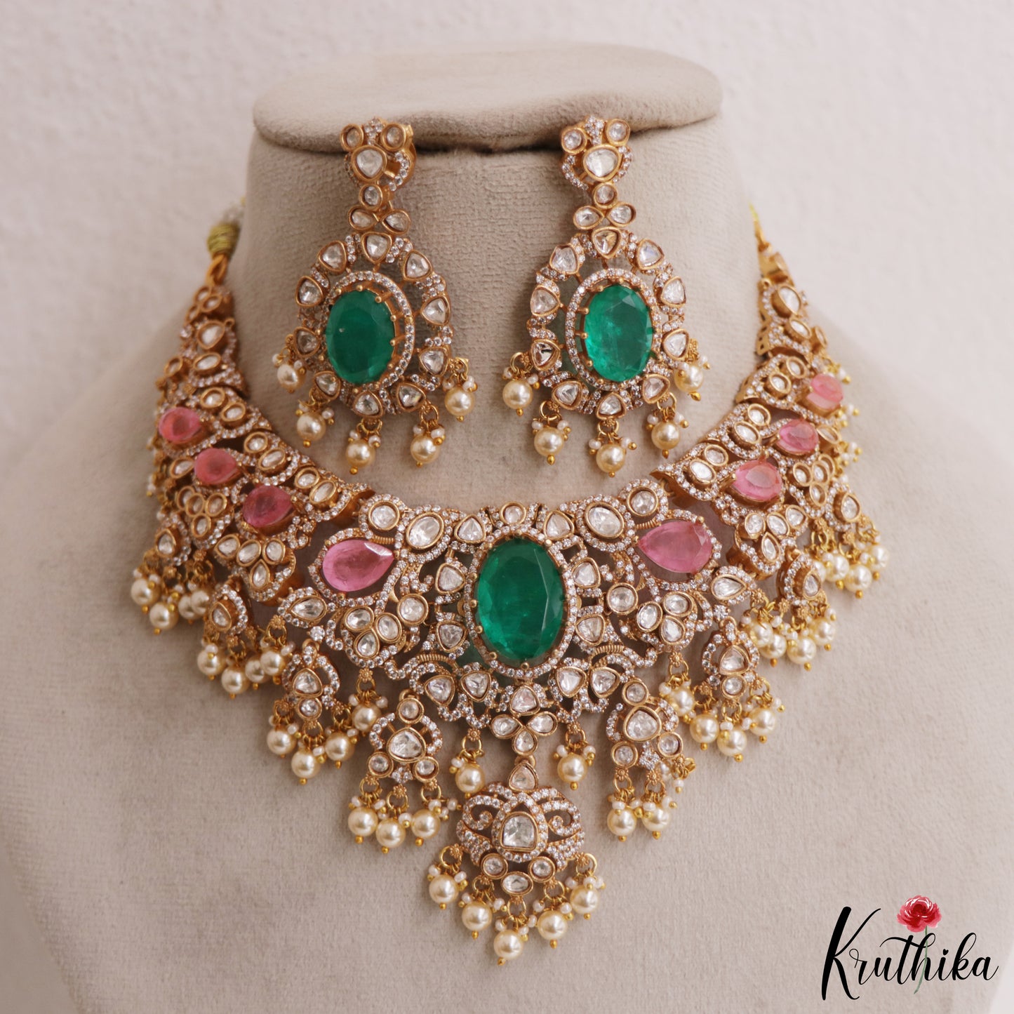 Gorgeous Geometric Motifs Victorian Moissanite Choker With Pearl Drops NC2964 (Available In 2 Colors)