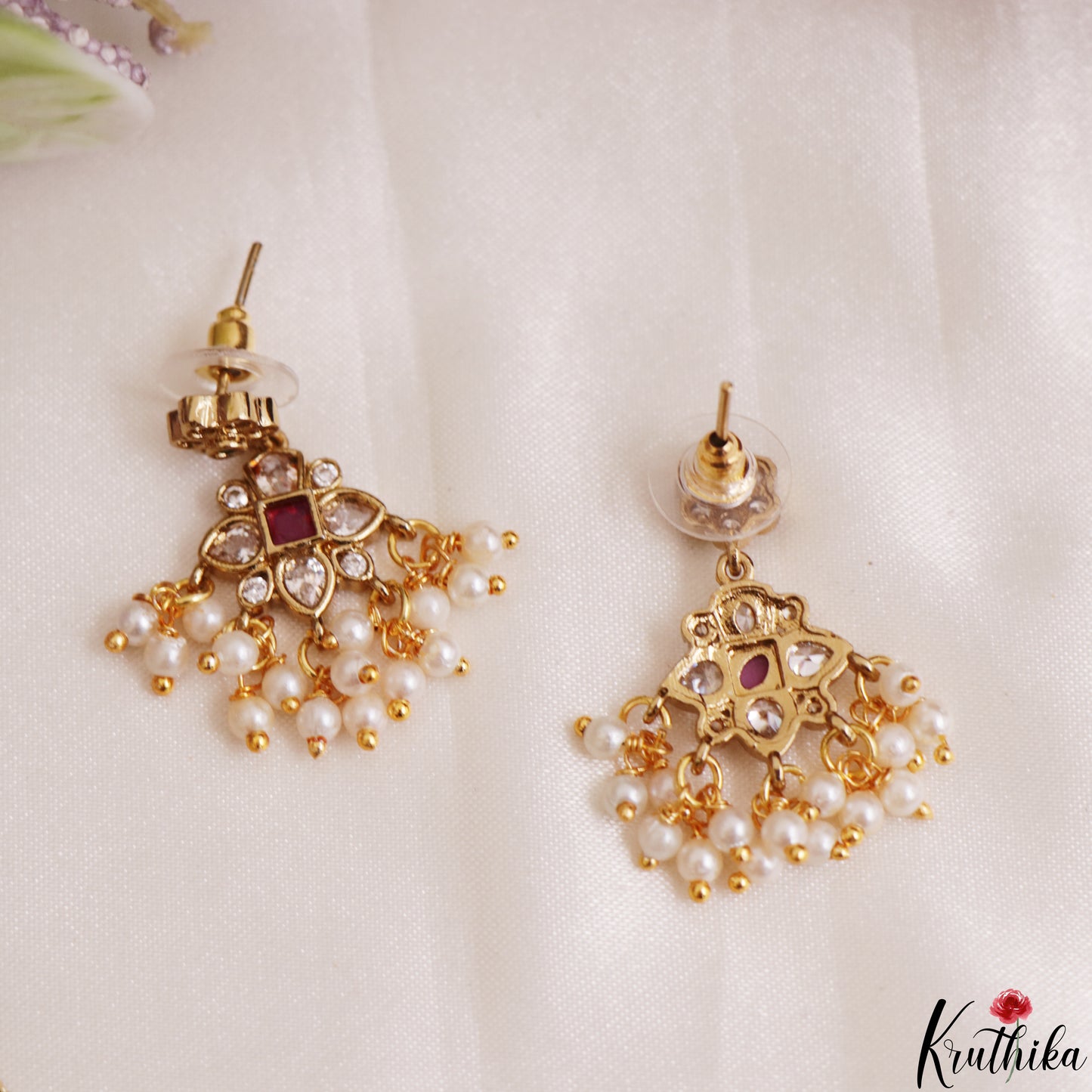 Beautiful CZ Floral Motifs Kemp Choker With Pearl Drops NC3183 (Available In 2 Colors)
