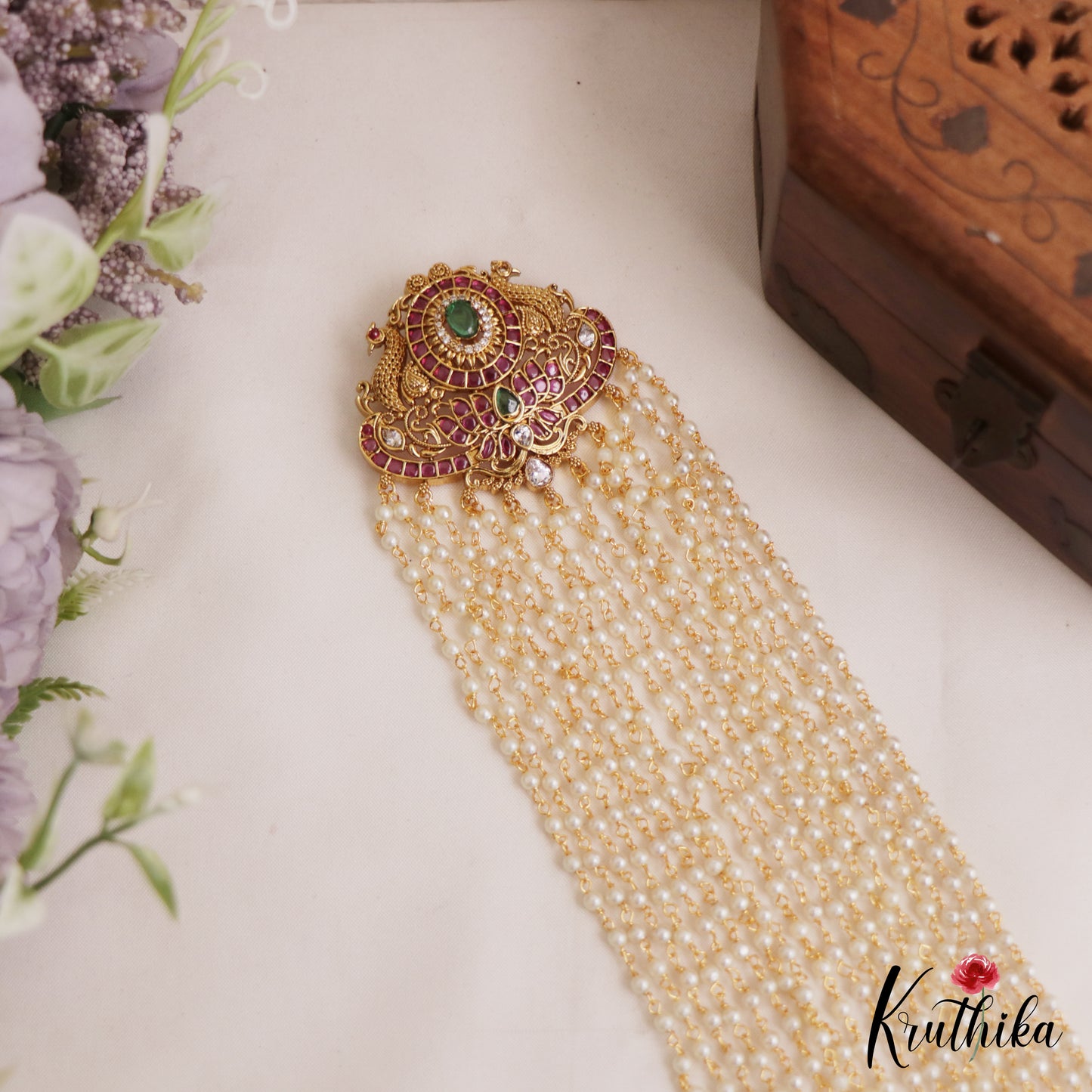 Elegant Lotus Peacock Motifs Multi Pearl Strand Kemp Jada Billa With Green Bead Drops J382 (Available In 2 Colors)