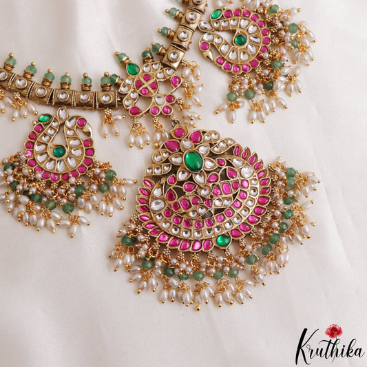 Premium Floral Peacock Motifs Jadau Necklace With Pearl Bead Drops NC3140