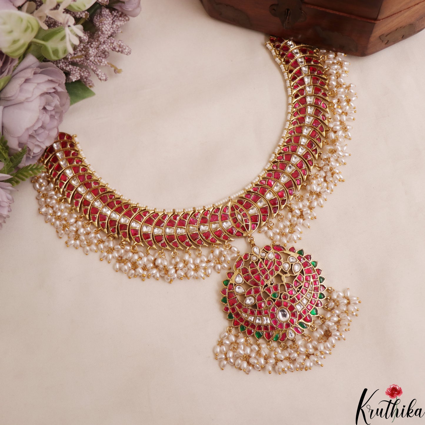 Gorgeous Geometric Motifs Jadau Necklace With Pearl Drops NC3005