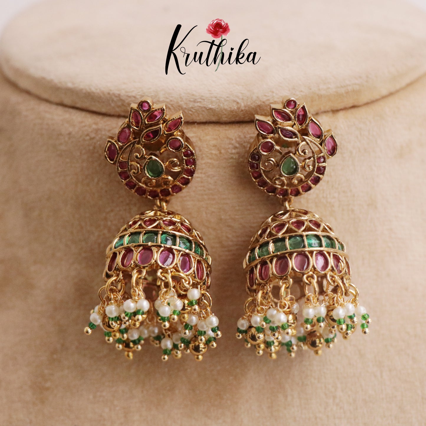 Beautiful Kemp Peacock Jhumka with Pearl Drops E627