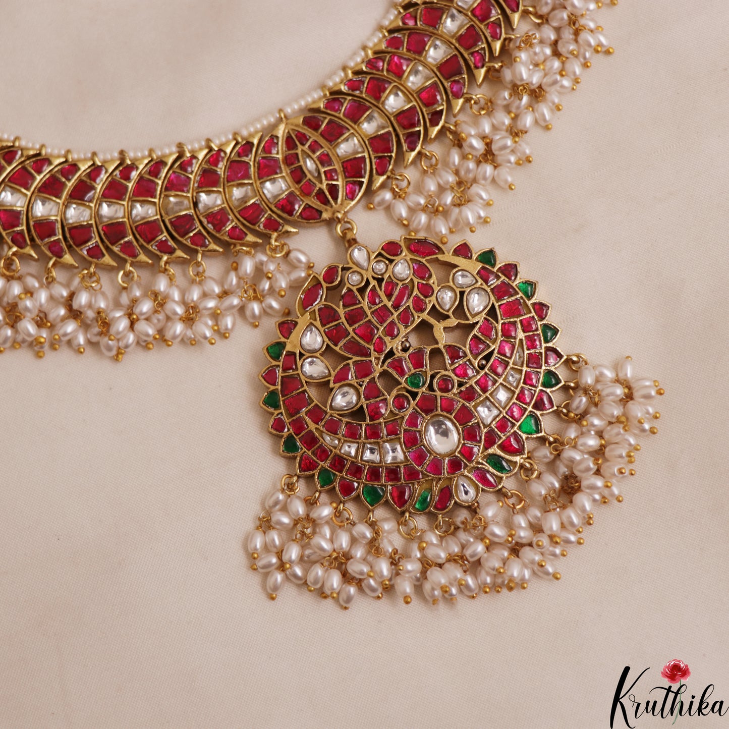 Gorgeous Geometric Motifs Jadau Necklace With Pearl Drops NC3005