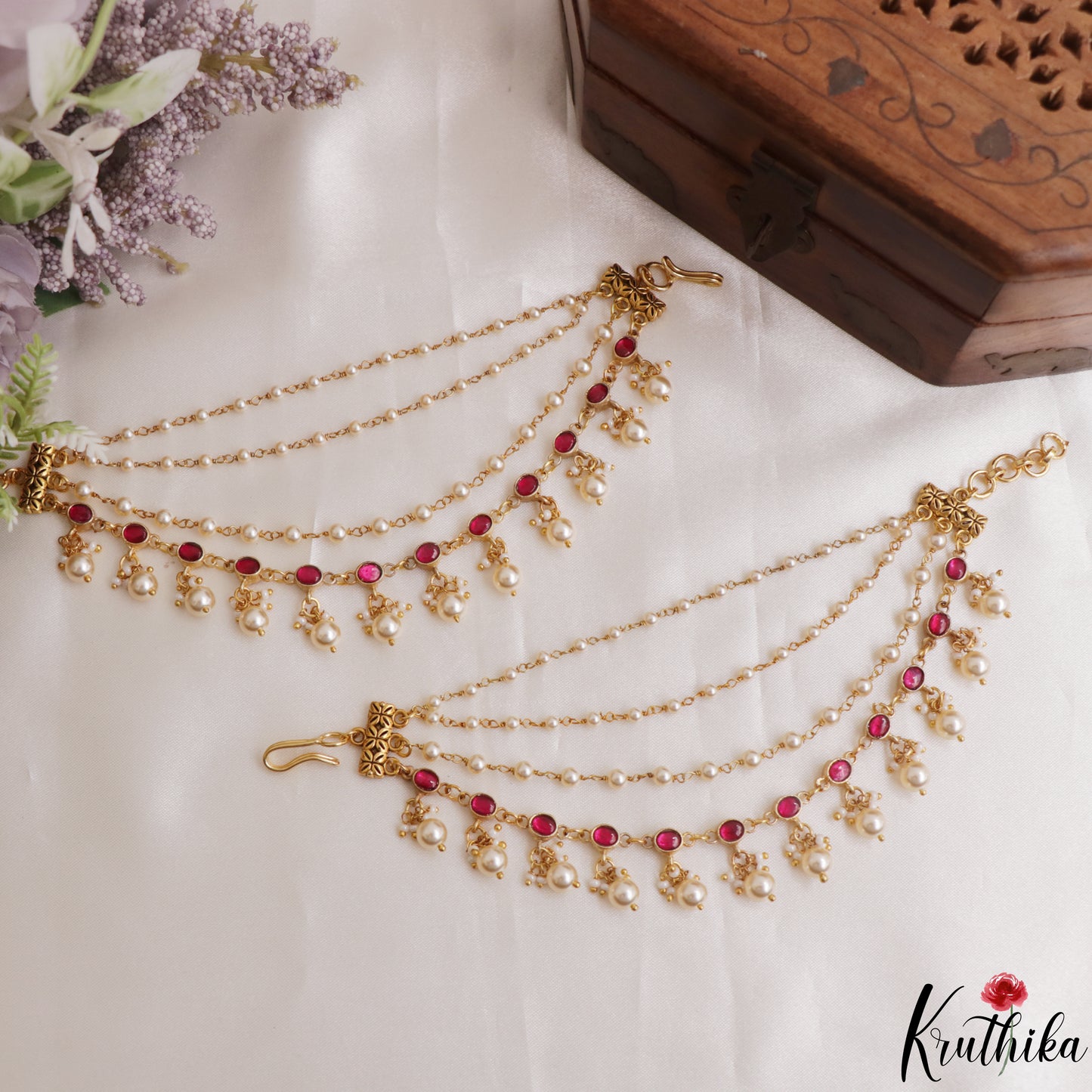 Classic Geometric Motifs Multi Pearl Strand Jadau Earchains With Pearl Drops EC225