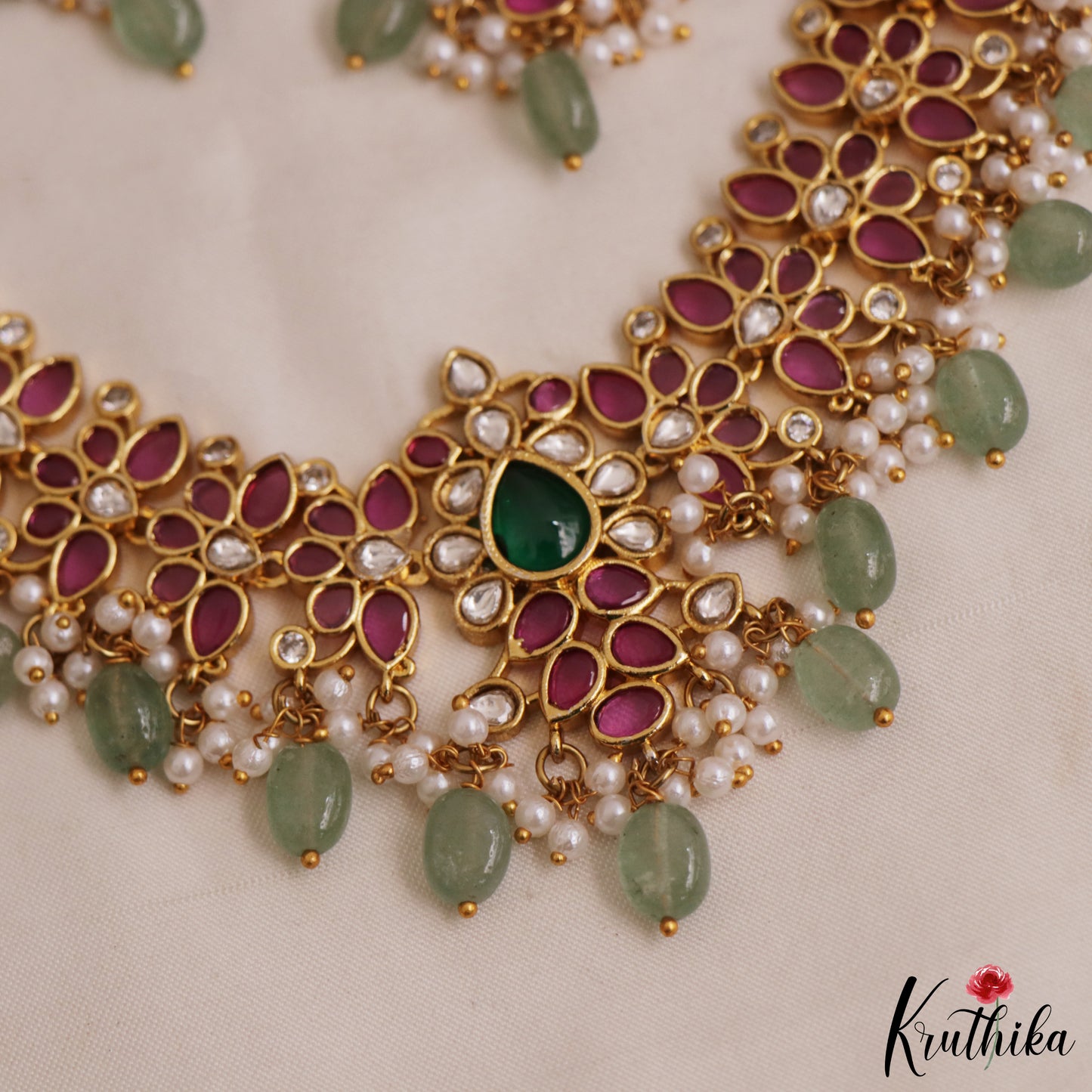 Beautiful Teardrop Motifs Jadau Choker With Green Bead Drops NC2980