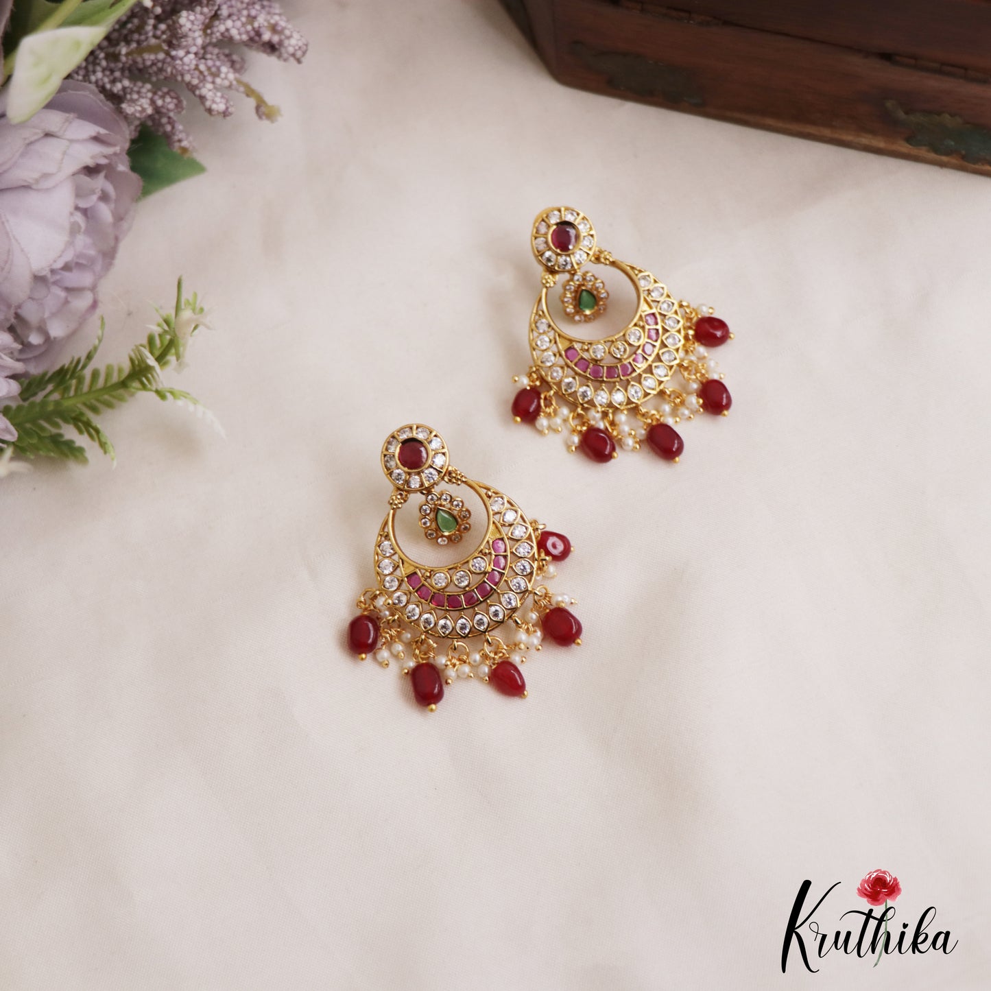 Classic Floral Motifs Chandbali AD Earrings With Bead Drops E1089 (Available In 2 Colors)