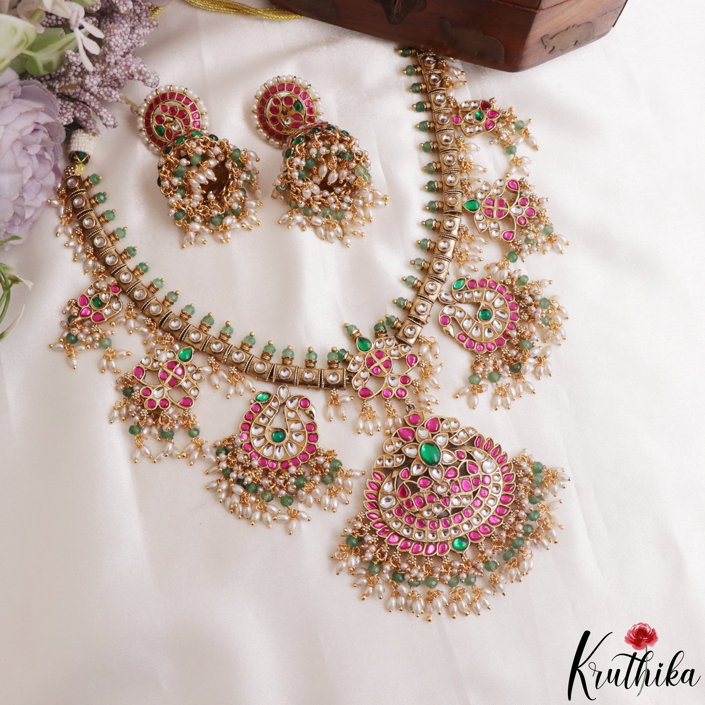 Premium Floral Peacock Motifs Jadau Necklace With Pearl Bead Drops NC3140