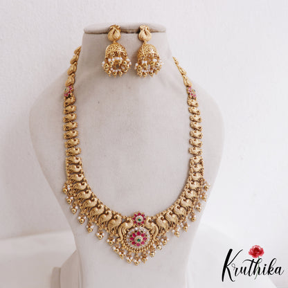 Gorgeous Antique Floral Peacock Motifs Jadau Haaram With Bead Drops LH2048 (Available In 4 Colors)