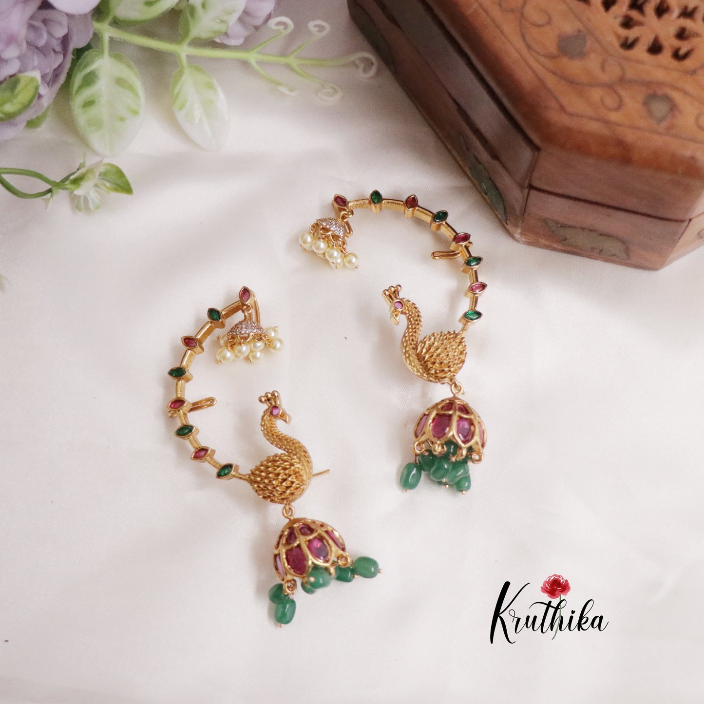 Trendy Peacock AD Earcuff with Jhumkas Beads Drops E658 (Available in 4 Colors)