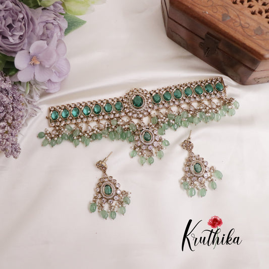 Premium AD Mossanaite Victorian Chocker with Pastel Green Beads Drops NC2258