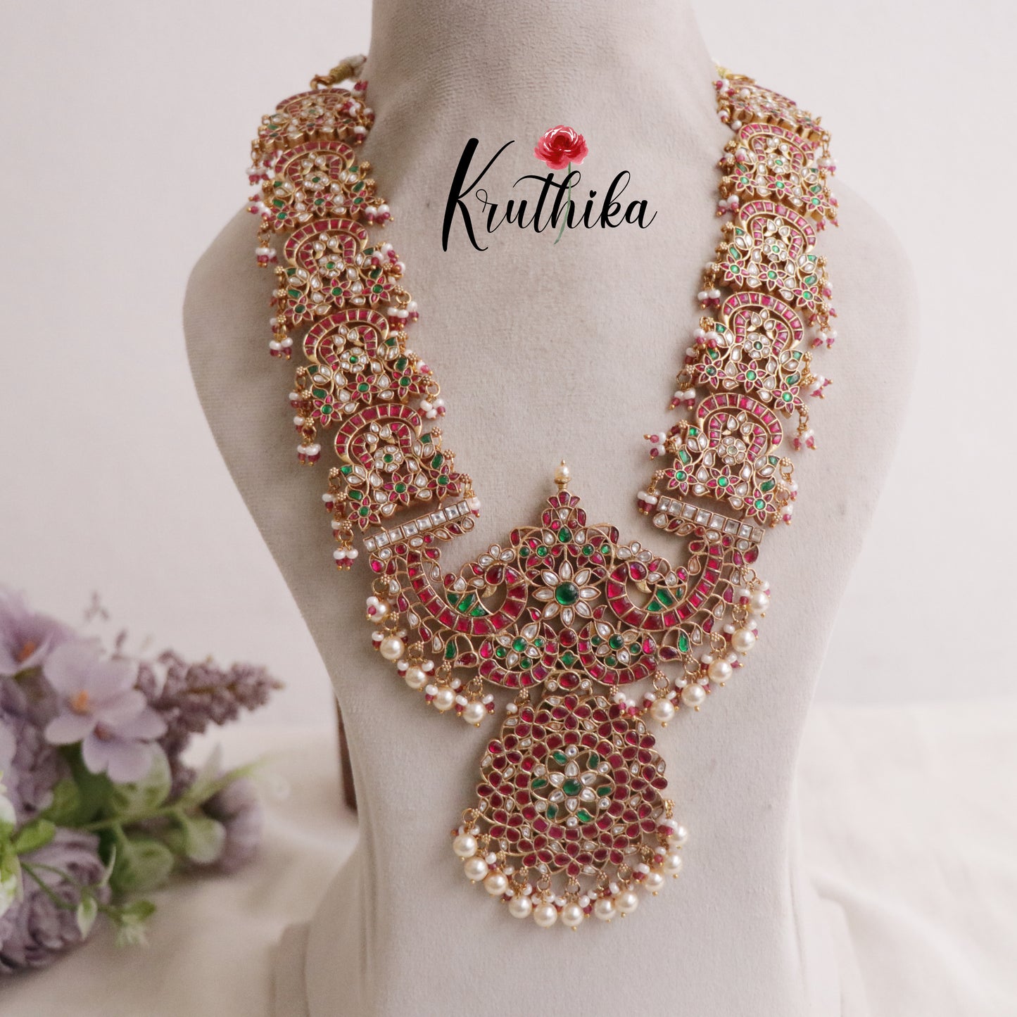 Royal Handcrafted Jadau Peacock Haaram with Pearls Drops LH1938